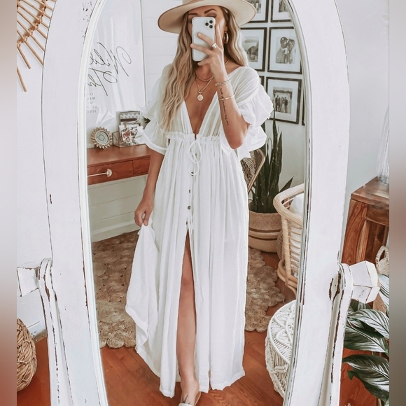 New Boho Flowy Plunge Maxi Gauze Cover Up Dress Summer White - Picture 3 of 15